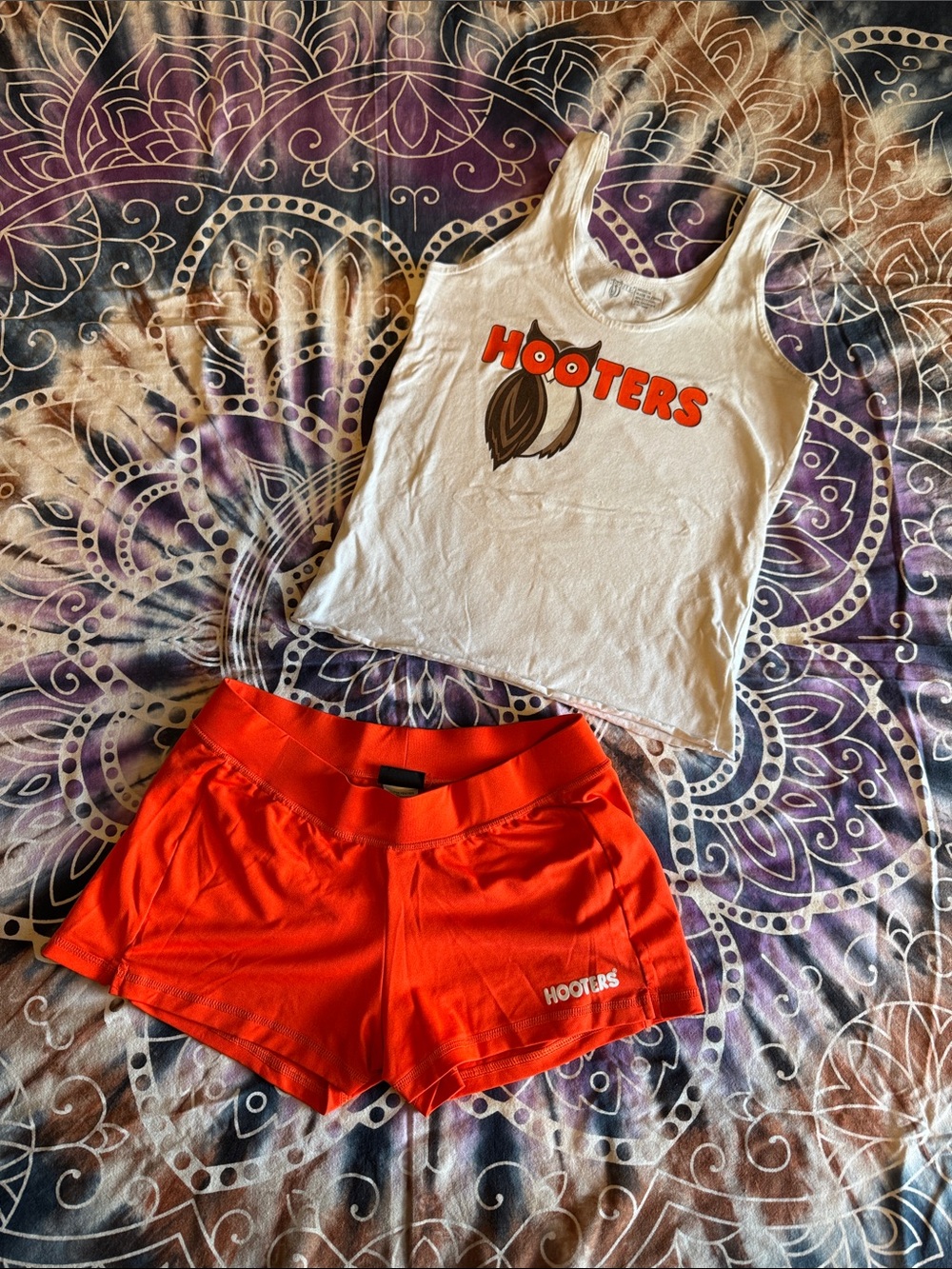Hooters White Logo Tank Top and Bright Orange Shorts